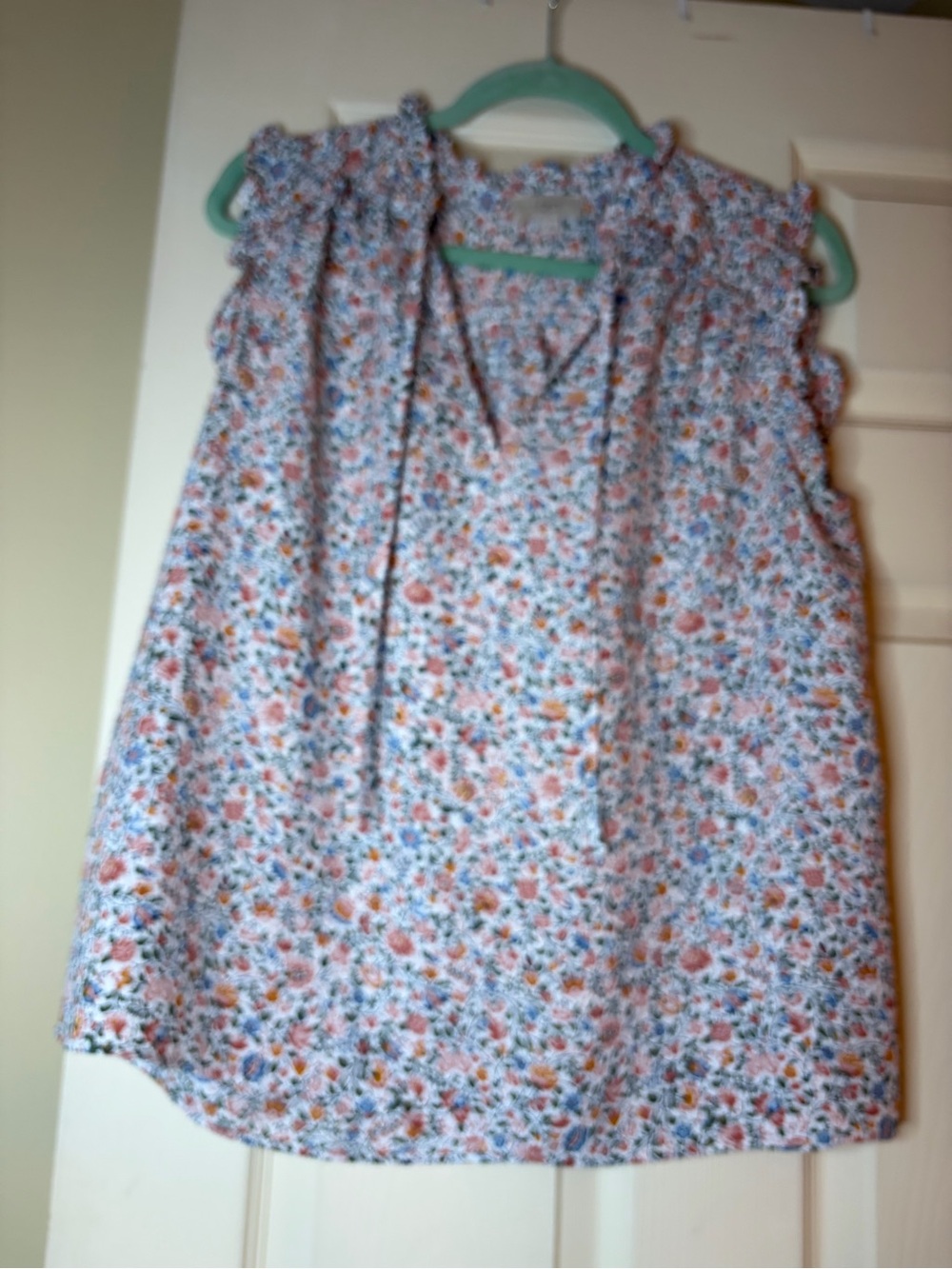 LOFT Sleeveless Floral Tie-Neck Blouse in White and Coral